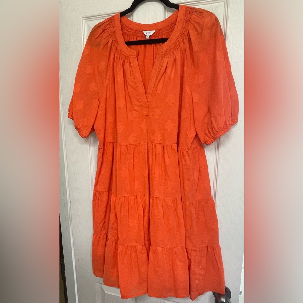 Crown & Ivy Orange Ruched Tiered Sundress with Puff Sleeves